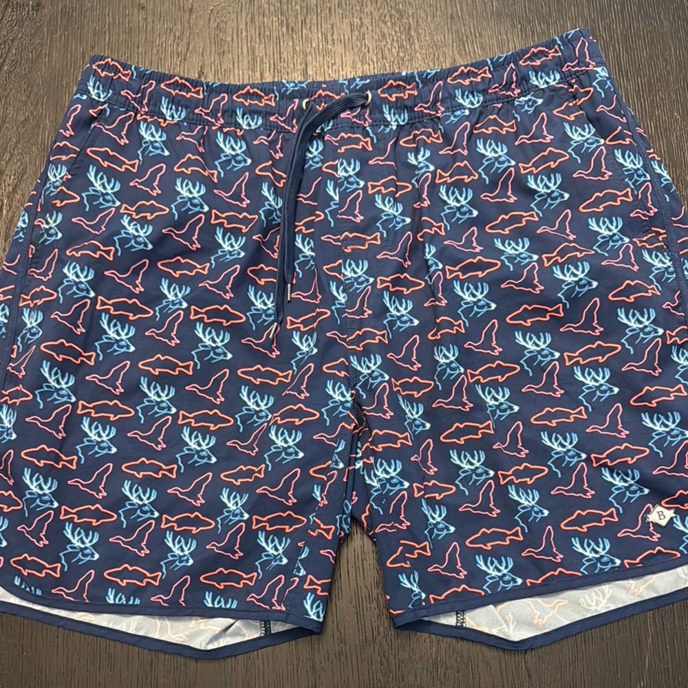 BURLEBO Navy and Coral Shark Print Swim Trunks